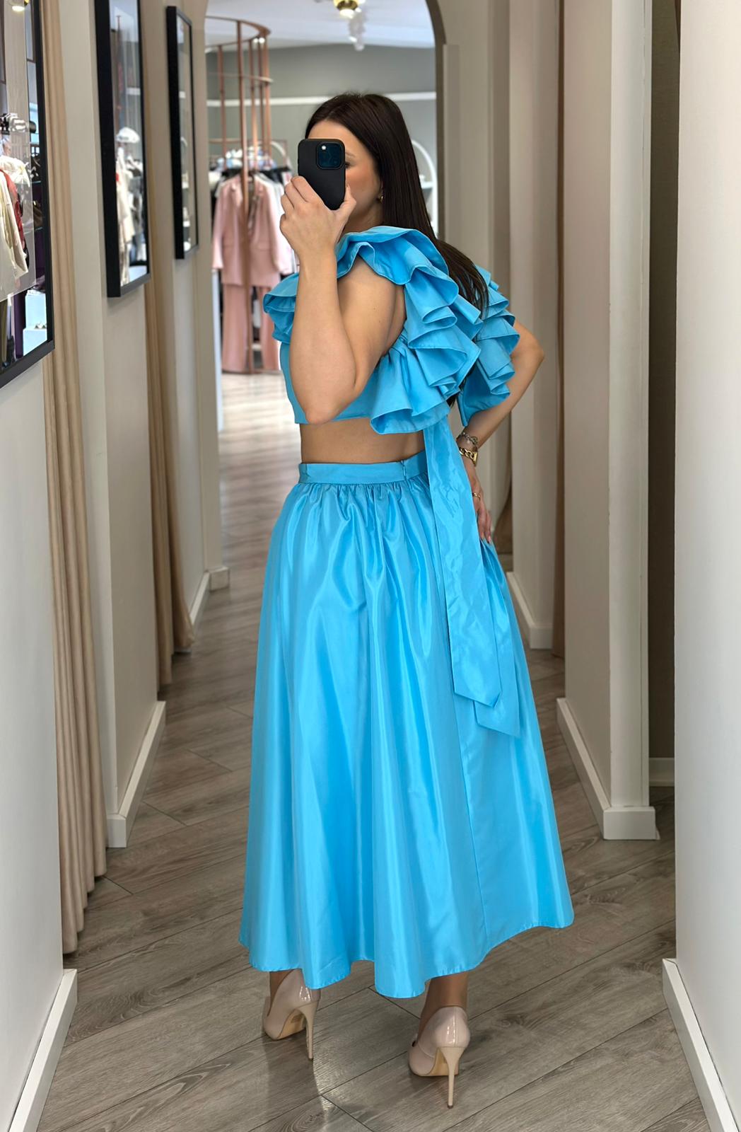 CONJUNTO AZUL SAIA E TOP PONTO CHIC