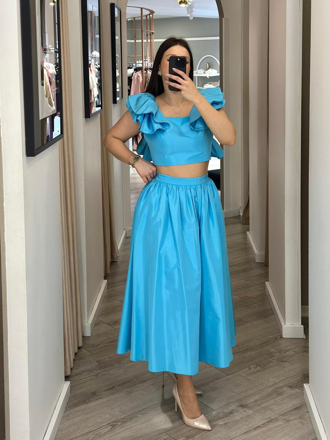 CONJUNTO AZUL SAIA E TOP PONTO CHIC