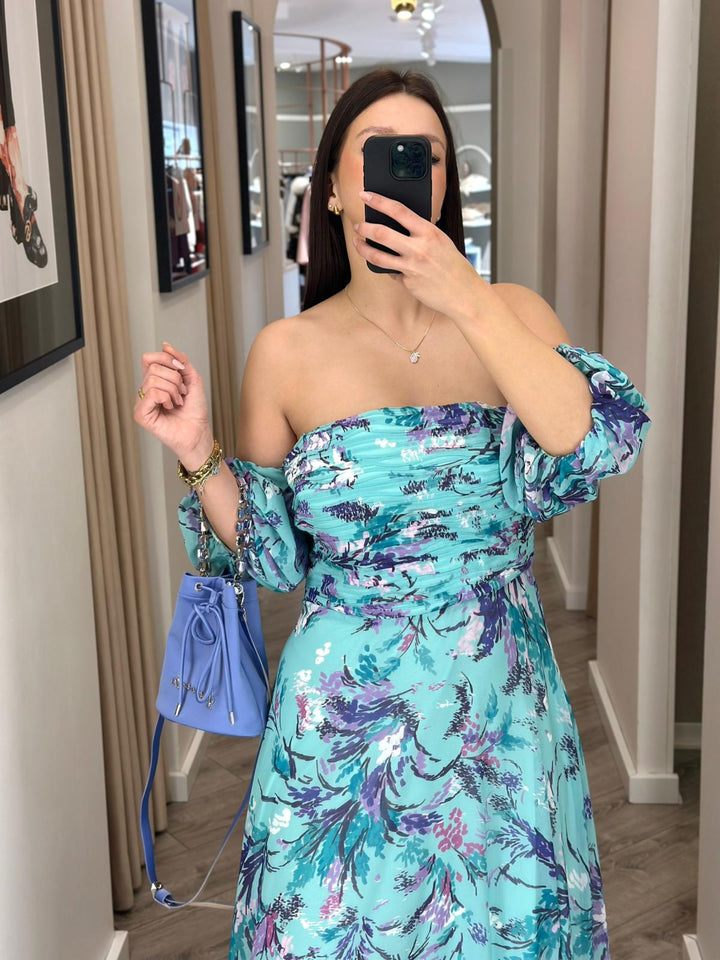 VESTIDO LONGO ESTAMPADO COM DECOTE DRAPEADO PONTO CHIC