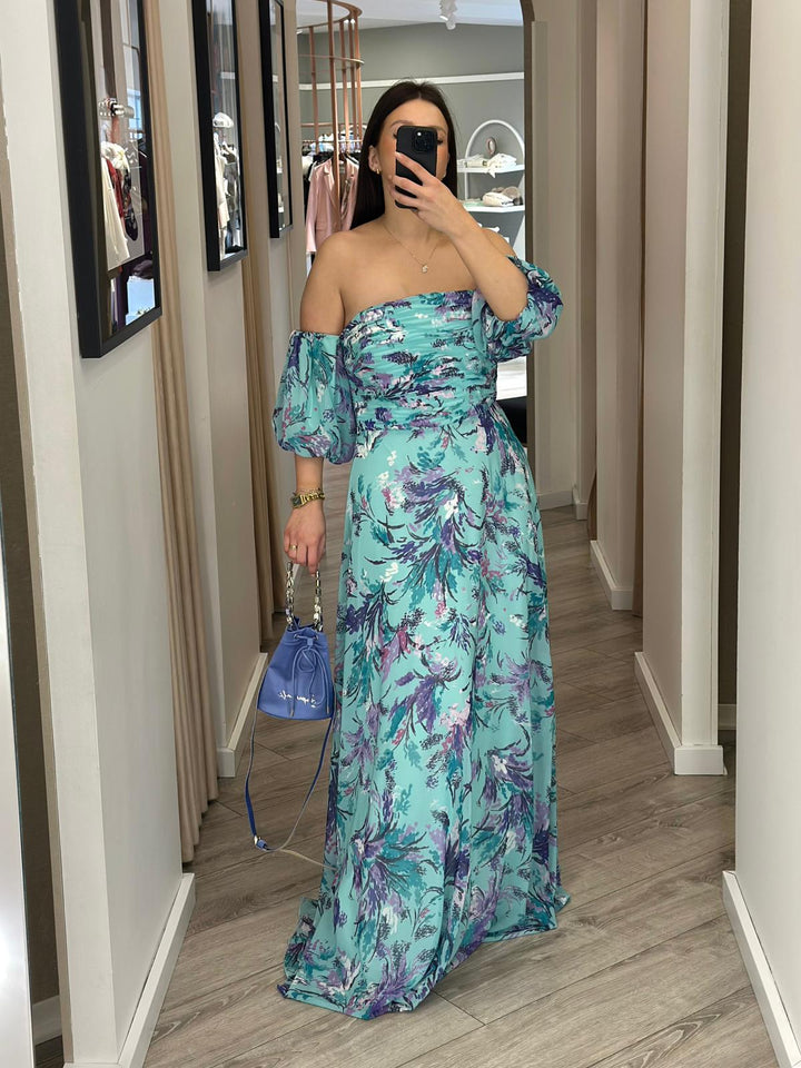 VESTIDO LONGO ESTAMPADO COM DECOTE DRAPEADO PONTO CHIC