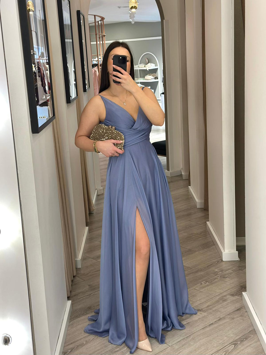 VESTIDO LONGO LILÁS COM DECOTE EM V DRAPEADO PONTO CHIC