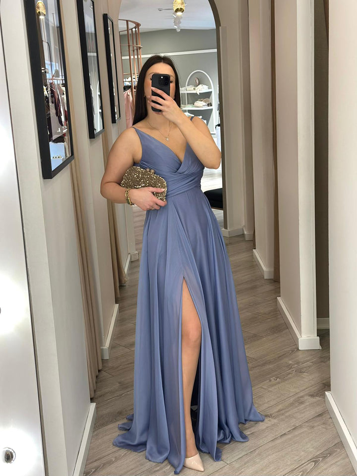 VESTIDO LONGO LILÁS COM DECOTE EM V DRAPEADO PONTO CHIC