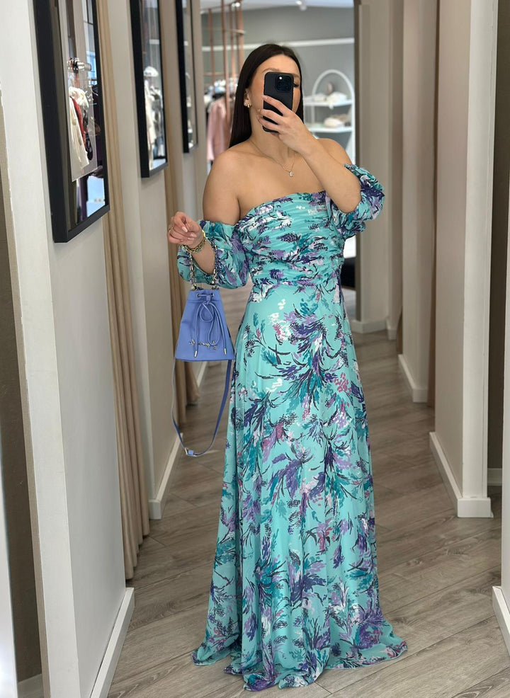 VESTIDO LONGO ESTAMPADO COM DECOTE DRAPEADO PONTO CHIC