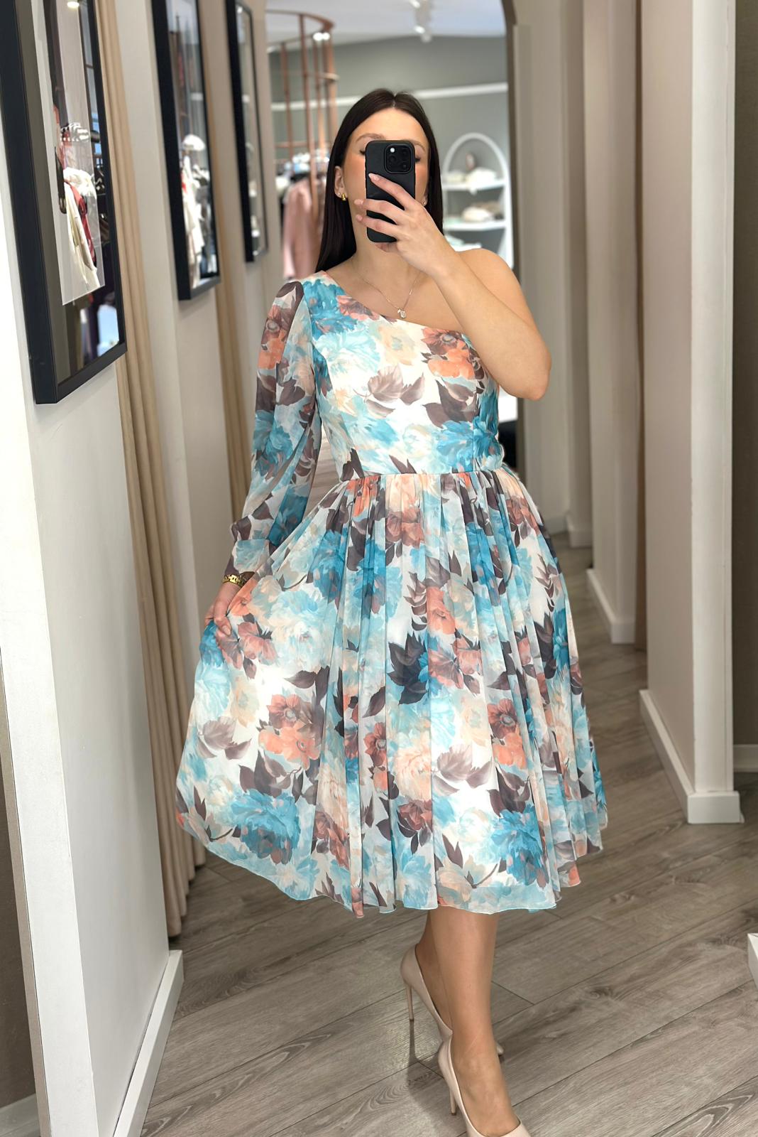 VESTIDO MIDI ESTAMPADO ASSIMÉTRICO COM MANGA UNILATERAL PONTO CHIC