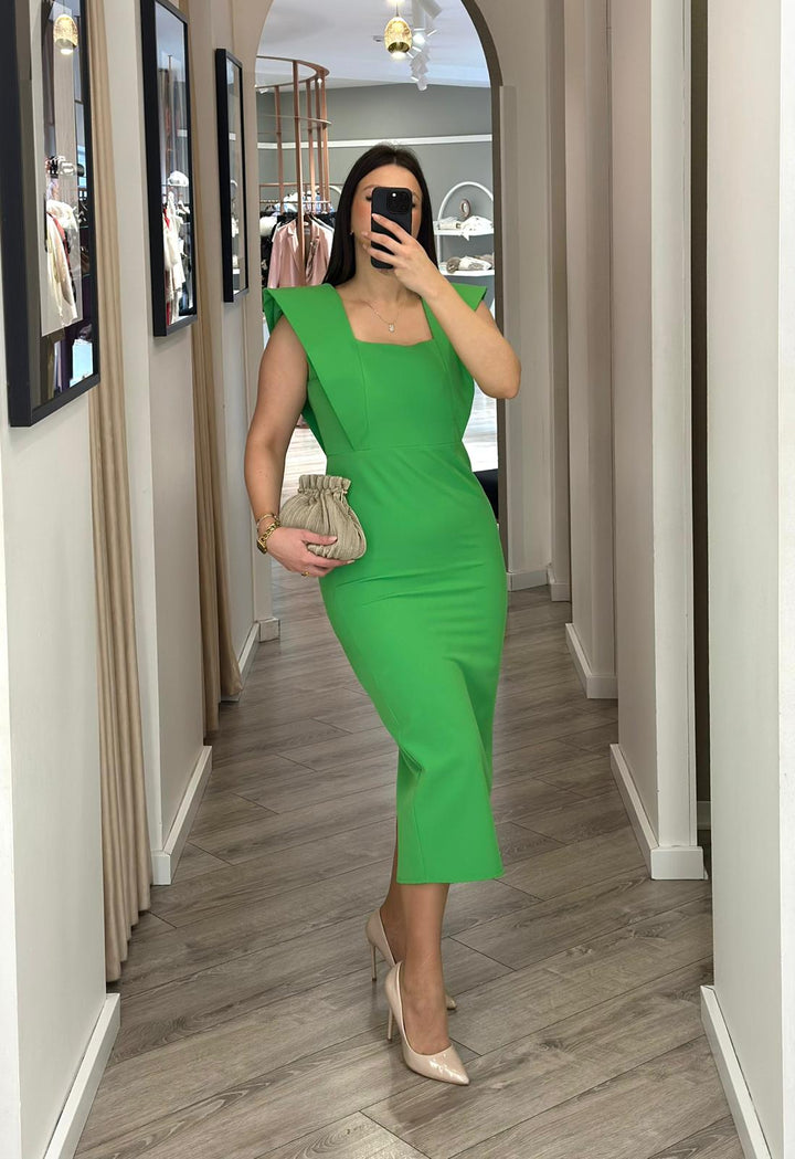 VESTIDO MIDI VERDE COM OMBREIRAS E DECOTE QUADRADO PONTO CHIC