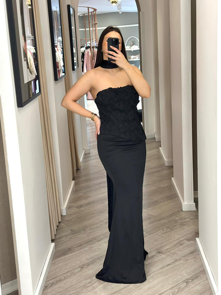 VESTIDO COMPRIDO PRETO COM TOP TEXTURIZADO PONTO CHIC