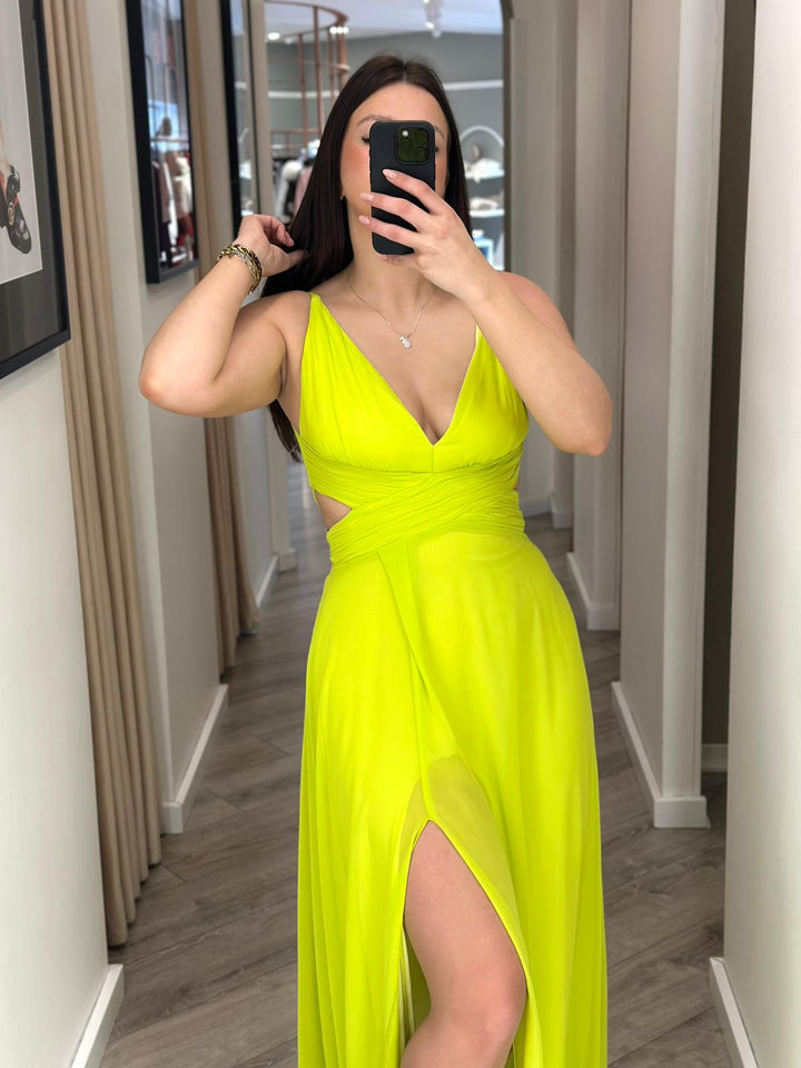 VESTIDO LONGO VERDE LIMA COM DECOTE EM V PONTO CHIC