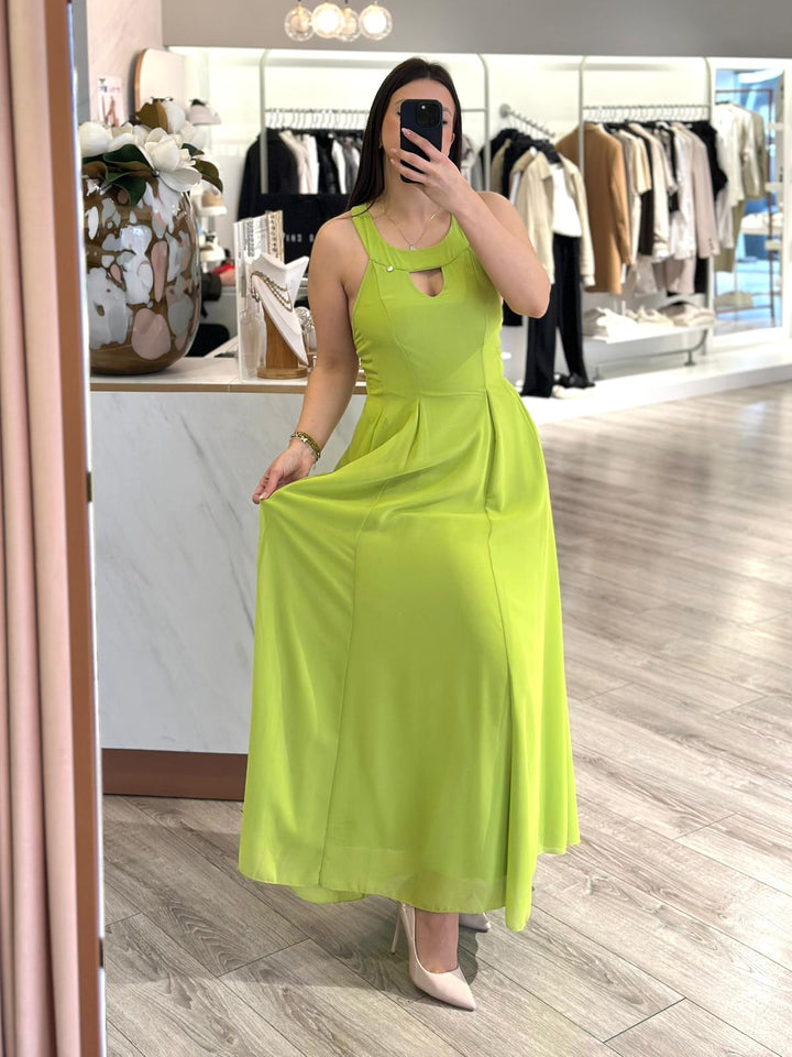 VESTIDO LONGO VERDE LIMA COM RECORTES LATERAIS RINASCIMENTO