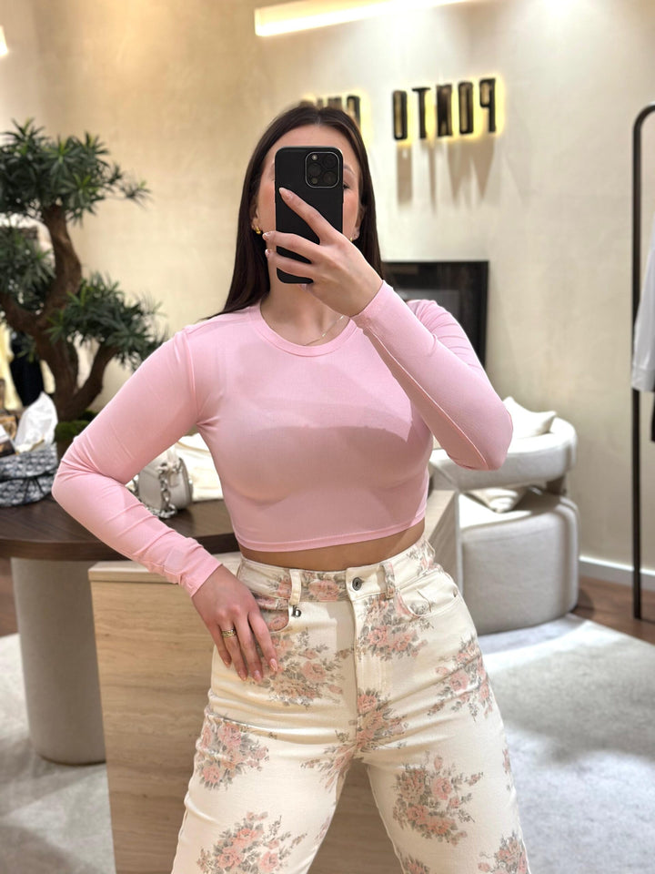 TOP CROPPED ROSA MANGA COMPRIDA PONTO CHIC