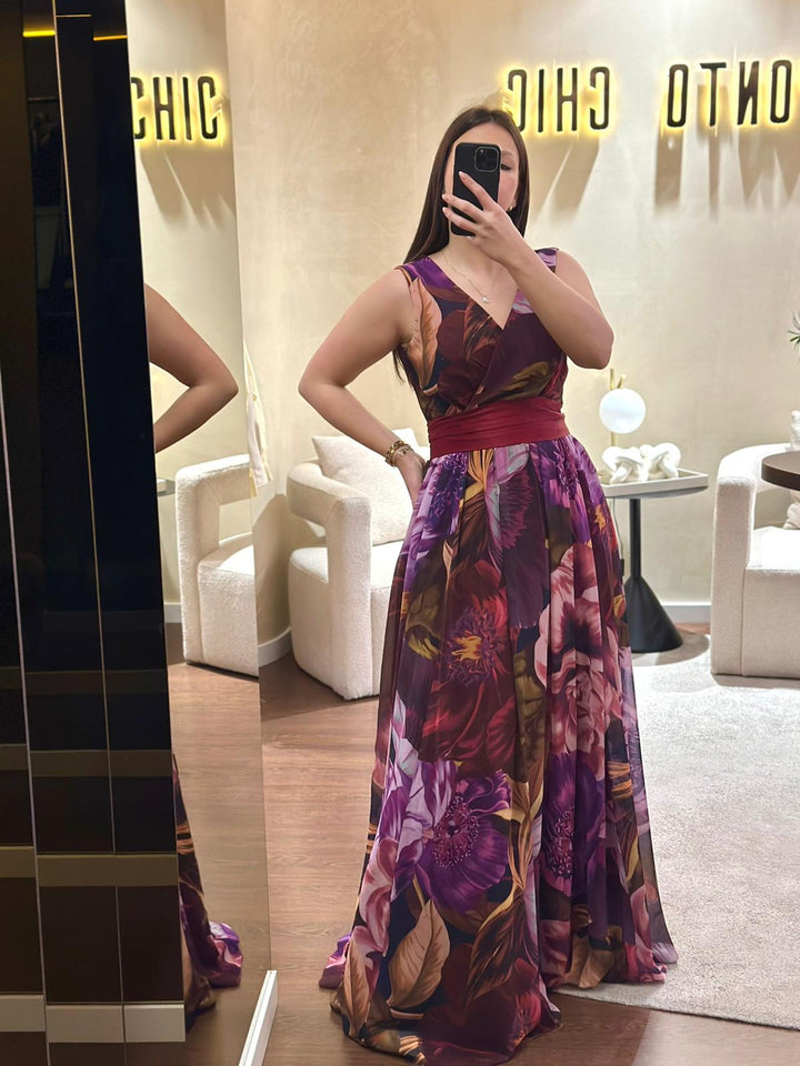 VESTIDO LONGO ESTAMPADO COM CINTO AMOVÍVEL PONTO CHIC