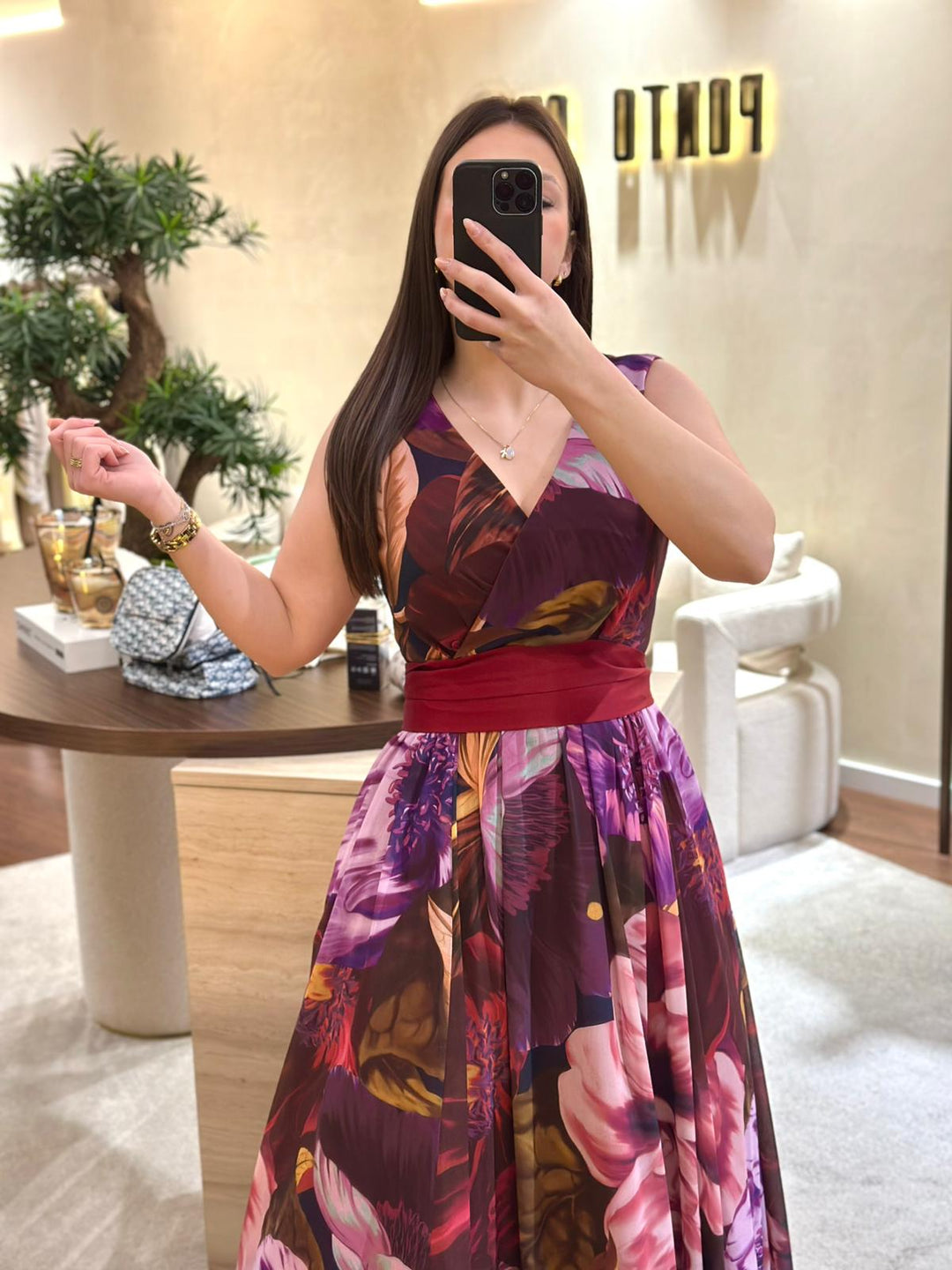 VESTIDO LONGO ESTAMPADO COM CINTO AMOVÍVEL PONTO CHIC