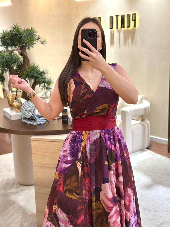 VESTIDO LONGO ESTAMPADO COM CINTO AMOVÍVEL PONTO CHIC