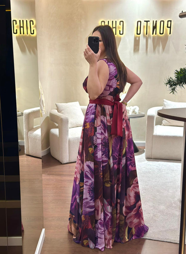 VESTIDO LONGO ESTAMPADO COM CINTO AMOVÍVEL PONTO CHIC
