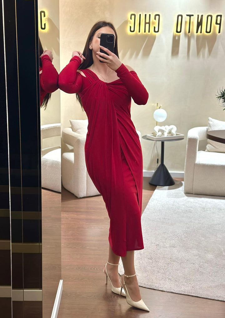VESTIDO MIDI VERMELHO COM DRAPEADO FRONTAL PONTO CHIC