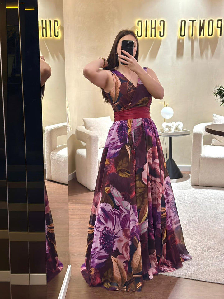 VESTIDO LONGO ESTAMPADO COM CINTO AMOVÍVEL PONTO CHIC