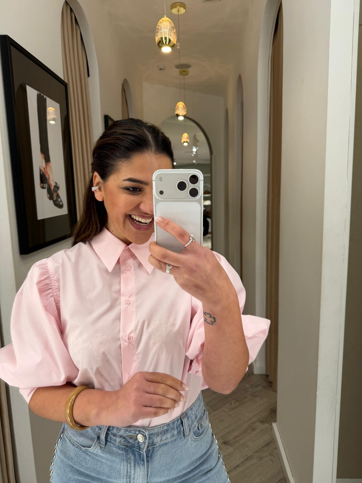 CAMISA ROSA COM MANGA VOLUMOSA PONTO CHIC