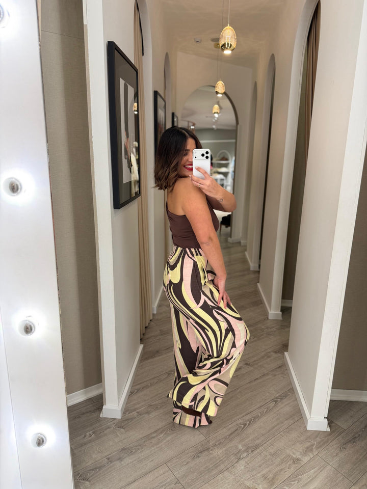 CALÇA FLUIDA ESTAMPADA ROSA E AMARELO LANÇA PERFUME