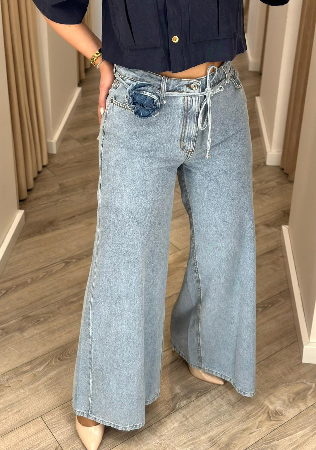 CALÇAS DE GANGA WIDE LEG COM CINTO ROSA DENIM DIXIE