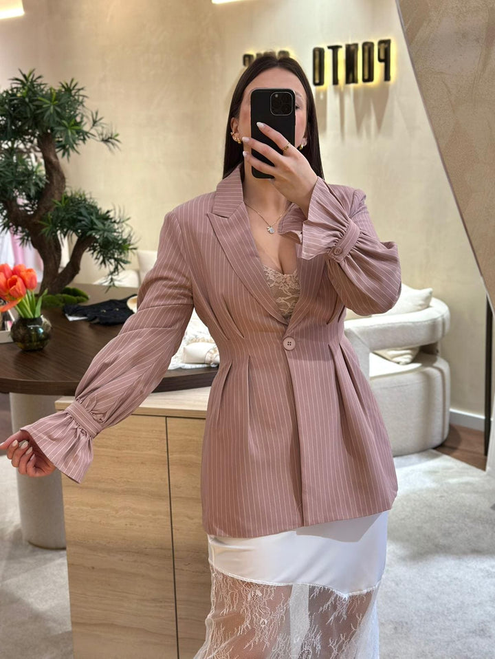 BLAZER ROSA RISCA DE GIZ COM PUNHO FRANZIDO PONTO CHIC
