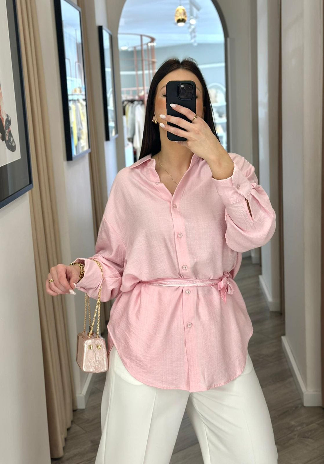 CAMISA ROSA SUAVE COM LENÇO PONTO CHIC