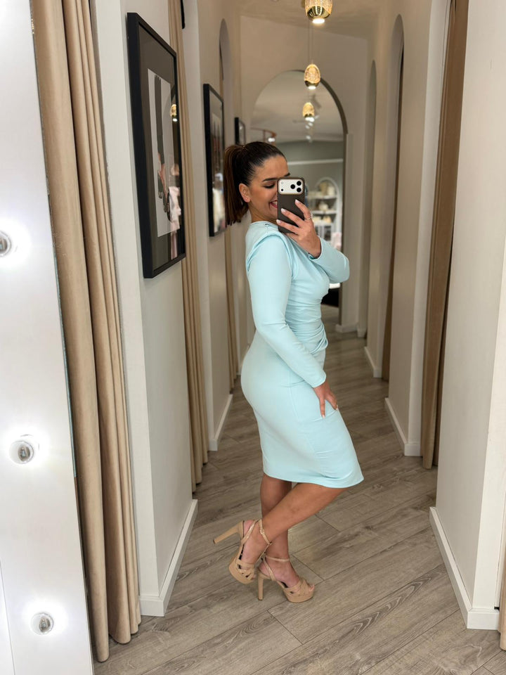 VESTIDO MIDI AZUL BEBE DRAPEADO COM MANGA COMPRIDA PONTO CHIC