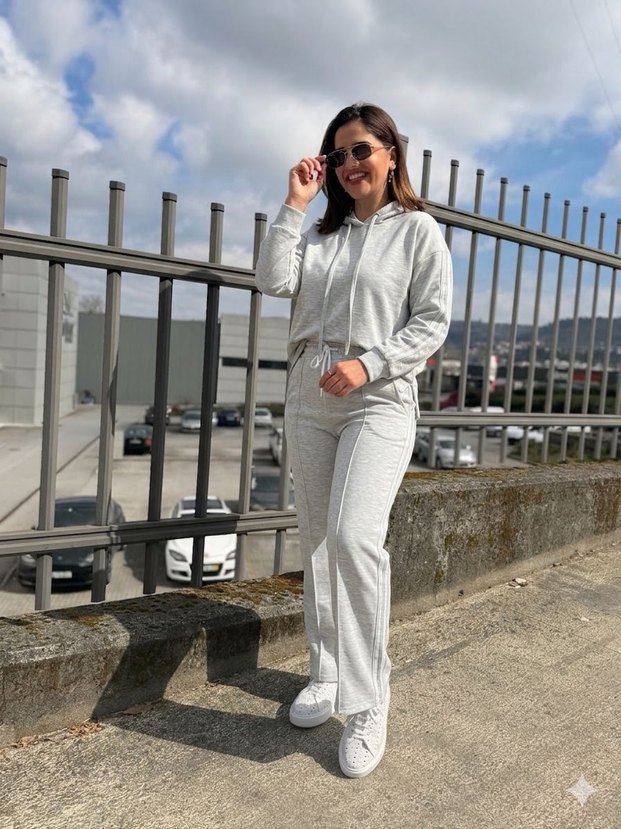 CONJUNTO CINZA CLARO COM SWEAT COM CAPUZ E CALÇA PONTO CHIC