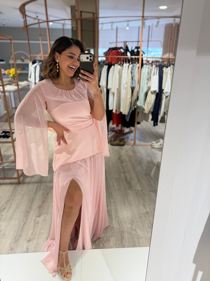 VESTIDO COMPRIDO ROSA COM PARTE SUPERIOR ESTRUTURADA PONTO CHIC