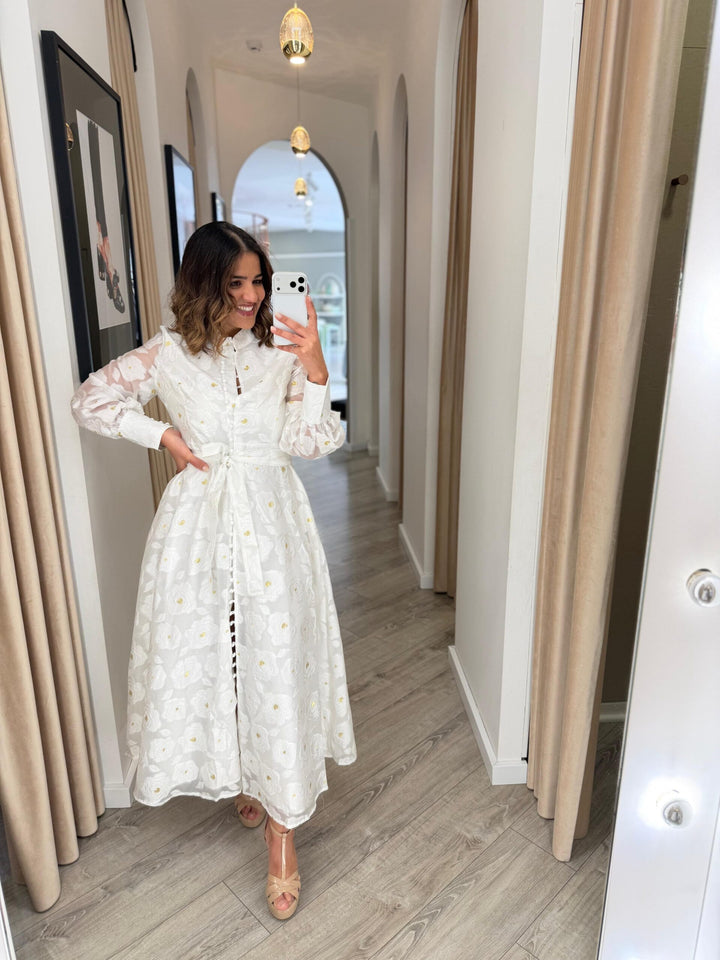 VESTIDO CAMISEIRO BRANCO FLORAL COM CINTO PONTO CHIC