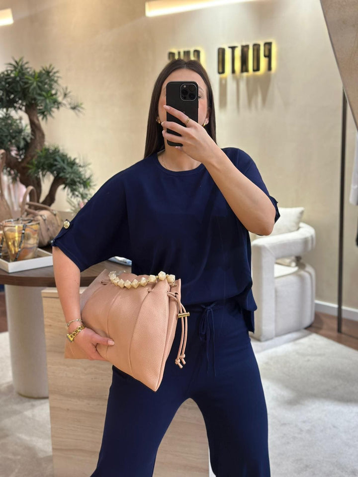 CONJUNTO AZUL MARINHO EM MALHA COM SWEATSHIRT E CALÇA PONTO CHIC