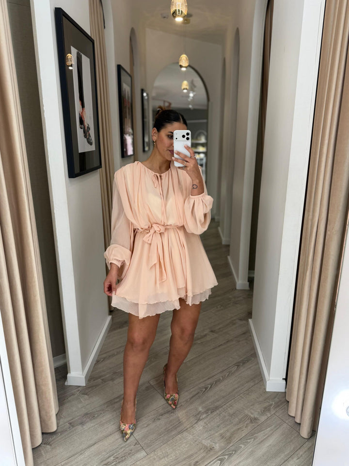 VESTIDO ROSA BEBÉ FLUIDO COM MANGA  ABALONADA IMPERIAL
