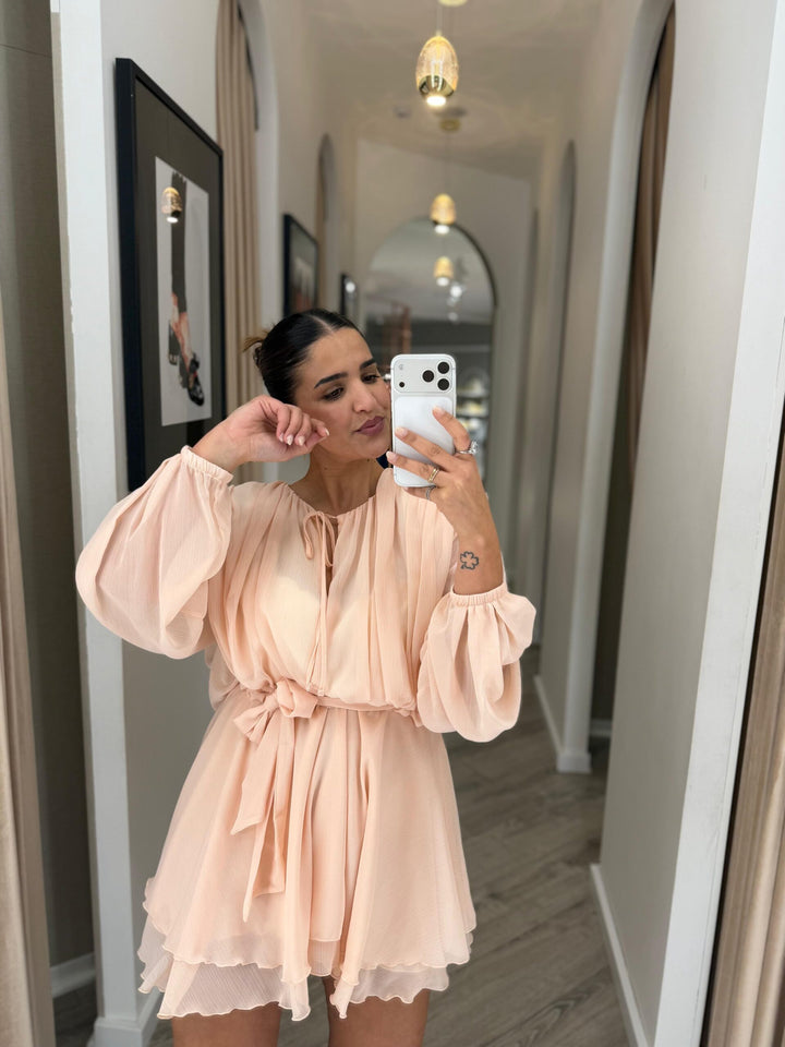 VESTIDO ROSA BEBÉ FLUIDO COM MANGA  ABALONADA IMPERIAL