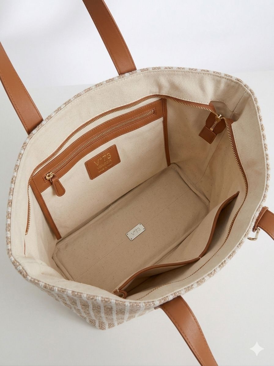 BOLSA LISTRADA COM DETALHES EM PELE CAMEL PONTO CHIC