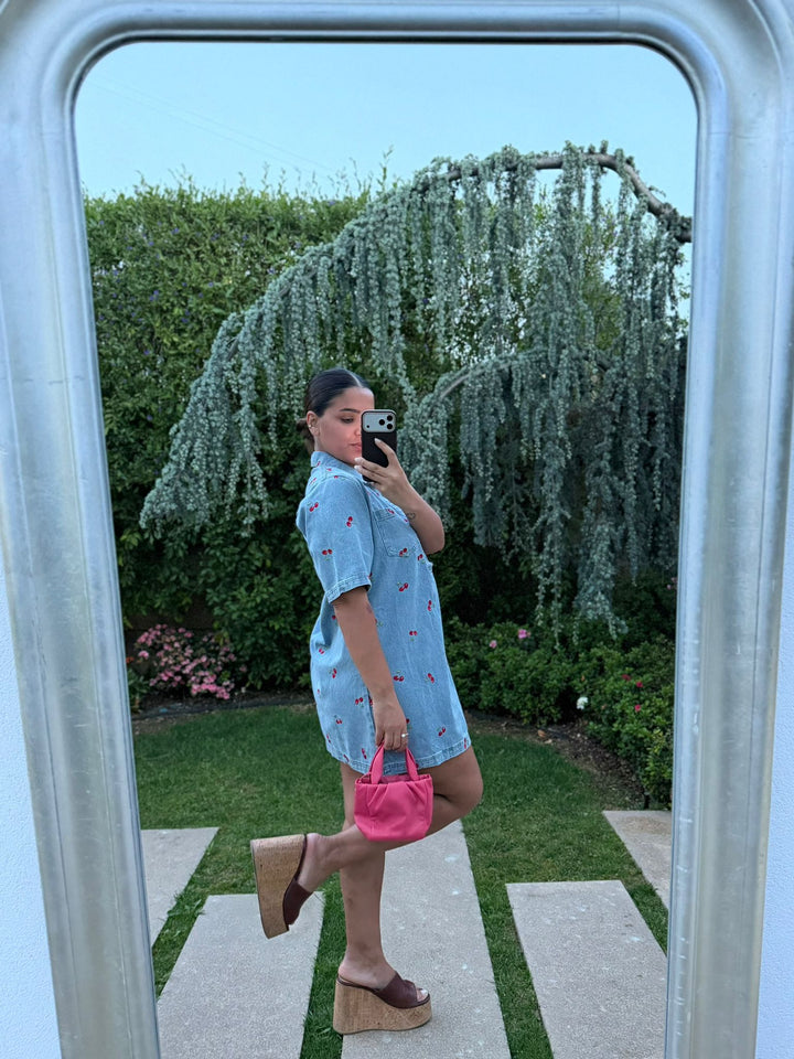 VESTIDO GANGA COM BORDADO DE CEREJAS PONTO CHIC