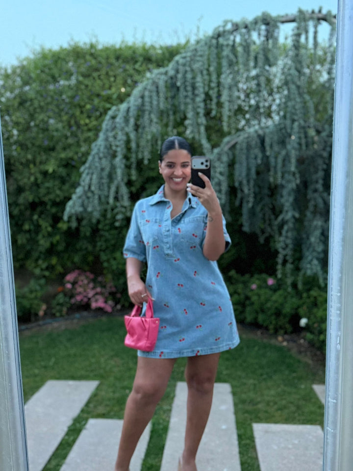 VESTIDO GANGA COM BORDADO DE CEREJAS PONTO CHIC