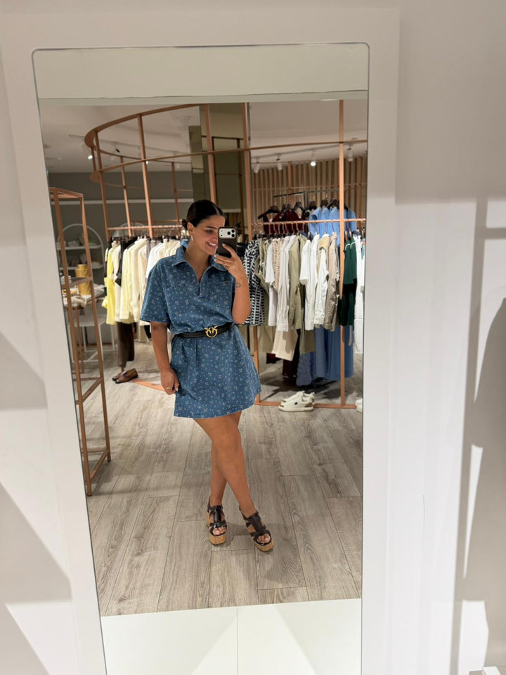 VESTIDO DE GANGA FLORAL COM DECOTE EM V PONTO CHIC