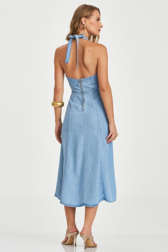VESTIDO DE GANGA COM DECOTE EM V E ALÇAS LARGAS PONTO CHIC