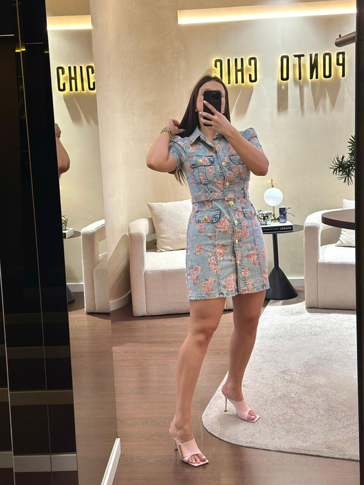 VESTIDO DE GANGA FLORAL COM CINTO PONTO CHIC
