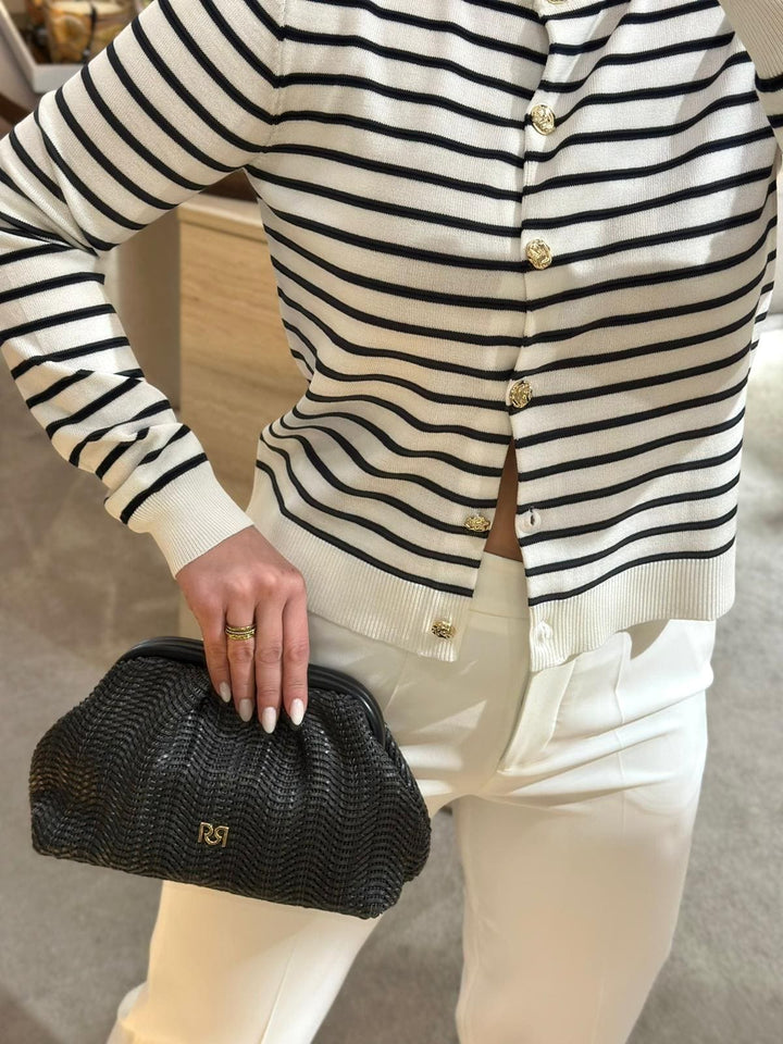 CARDIGAN BRANCO E AZUL ÀS RISCAS COM BOTÕES DOURADOS PONTO CHIC