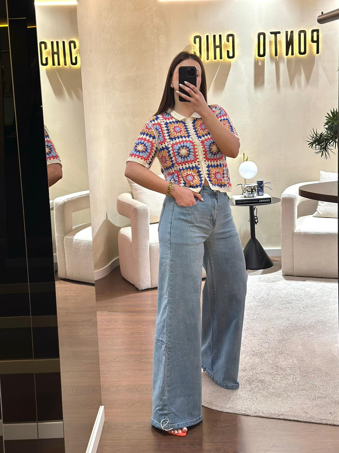CALÇA GANGA WIDE LEG COM AJUSTE NA BAINHA PONTO CHIC