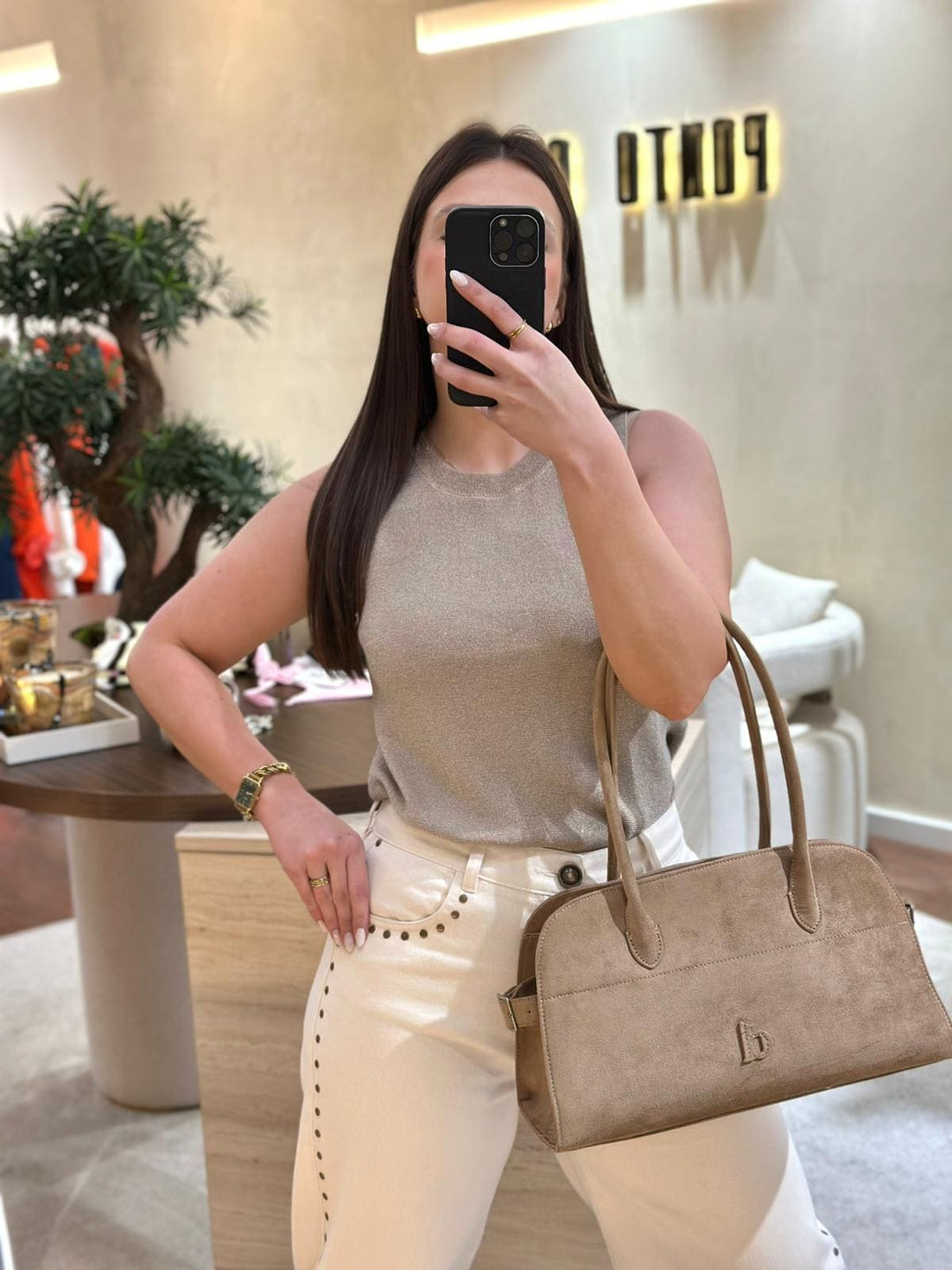 TOP TAUPE BRILHO SEM MANGAS PONTO CHIC