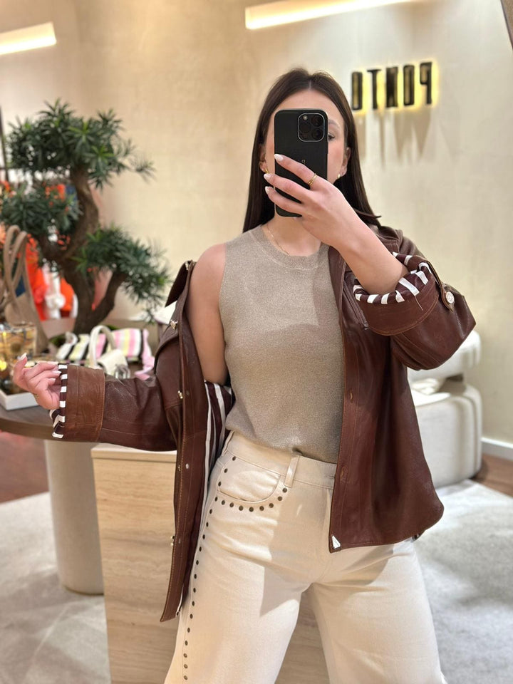 TOP TAUPE BRILHO SEM MANGAS PONTO CHIC
