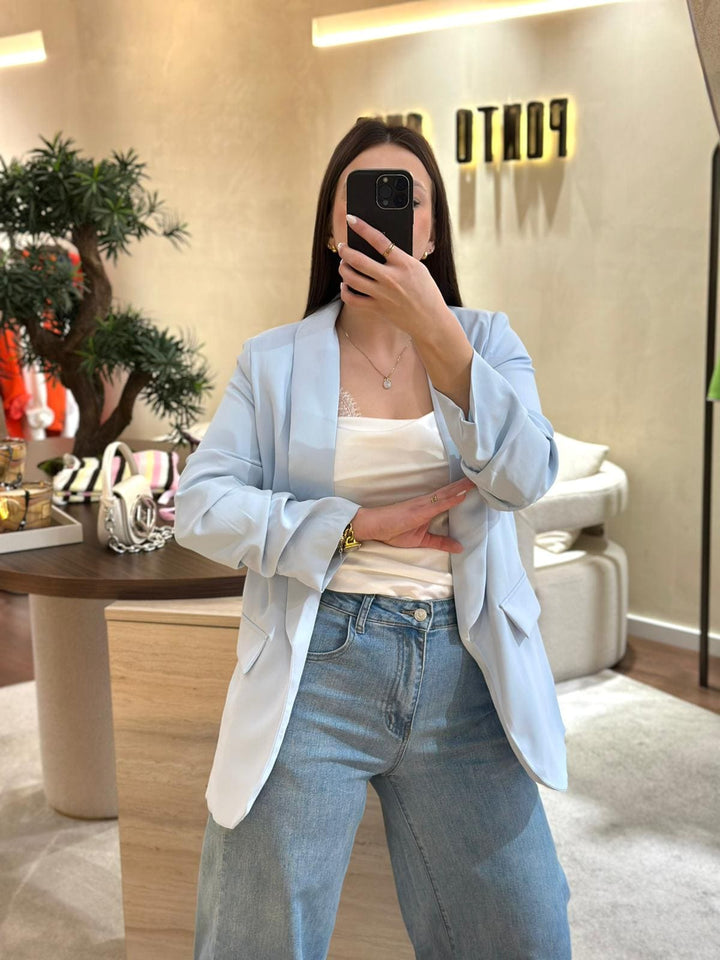 BLAZER AZUL COM FRANZIDO NA MANGA PONTO CHIC