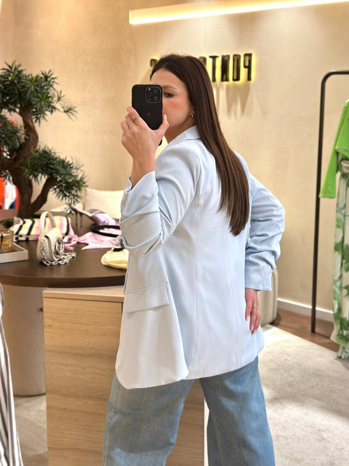 BLAZER AZUL COM FRANZIDO NA MANGA PONTO CHIC