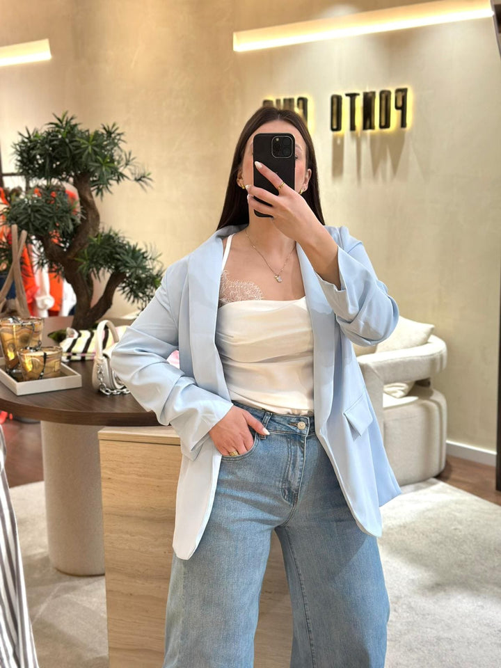 BLAZER AZUL COM FRANZIDO NA MANGA PONTO CHIC