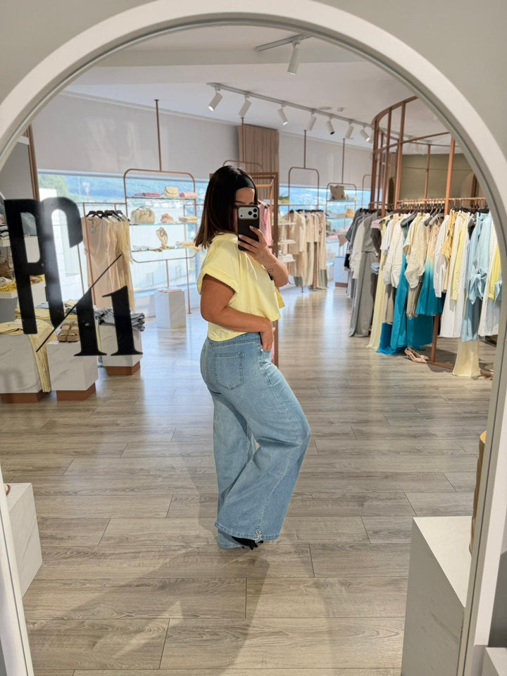 CALÇA GANGA WIDE LEG COM AJUSTE NA BAINHA PONTO CHIC
