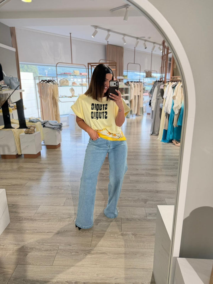 CALÇA GANGA WIDE LEG COM AJUSTE NA BAINHA PONTO CHIC