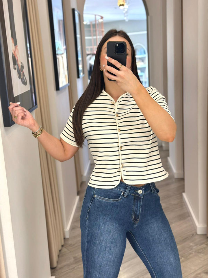 TOP AZUL E BRANCO ÀS RISCAS COM BOTÕES DOURADOS PONTO CHIC