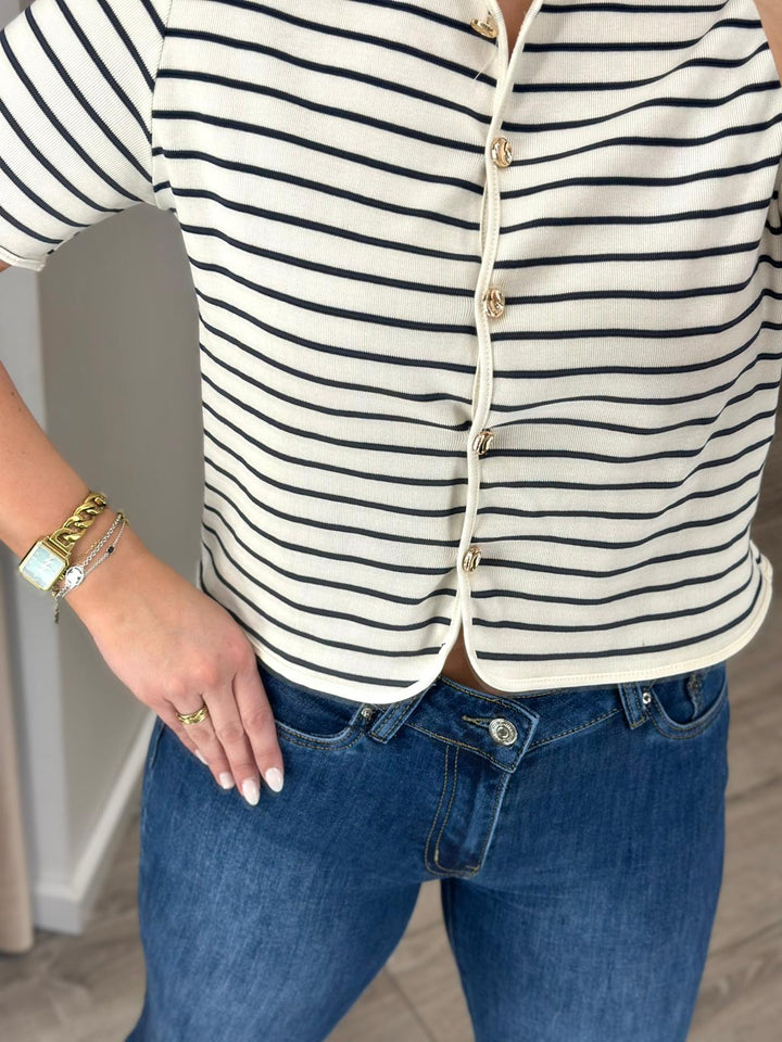 TOP AZUL E BRANCO ÀS RISCAS COM BOTÕES DOURADOS PONTO CHIC