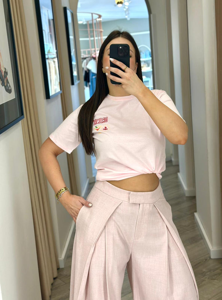 T-SHIRT ROSA COM ESTAMPADO COCKTAIL PONTO CHIC