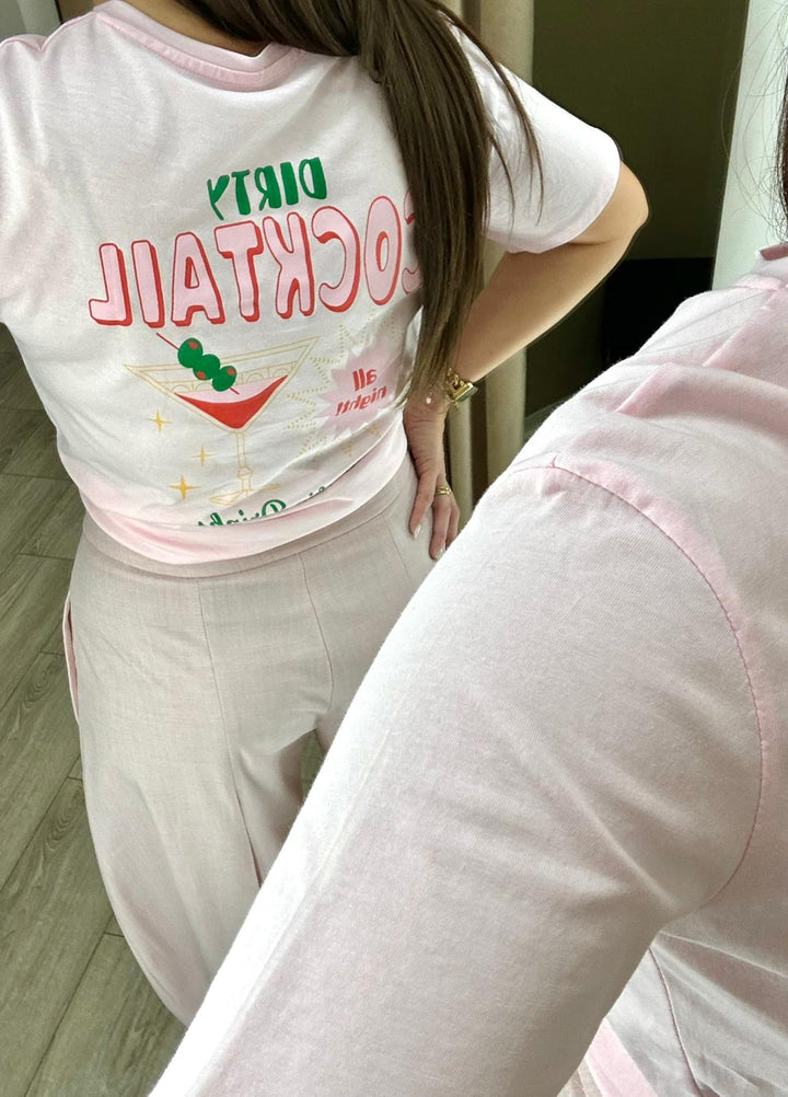 T-SHIRT ROSA COM ESTAMPADO COCKTAIL PONTO CHIC